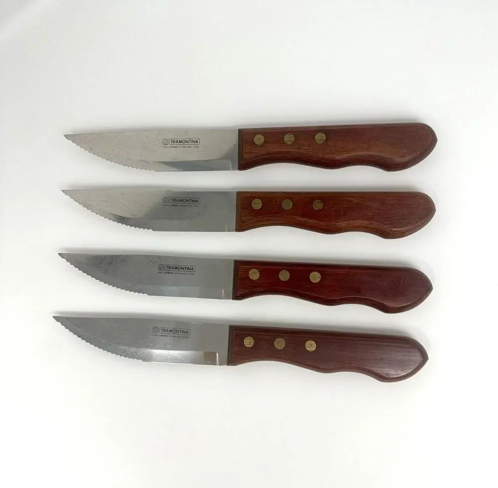 Tramontina Set of 4 Steak Knives High Carbon Stainless Steel Wood Handles